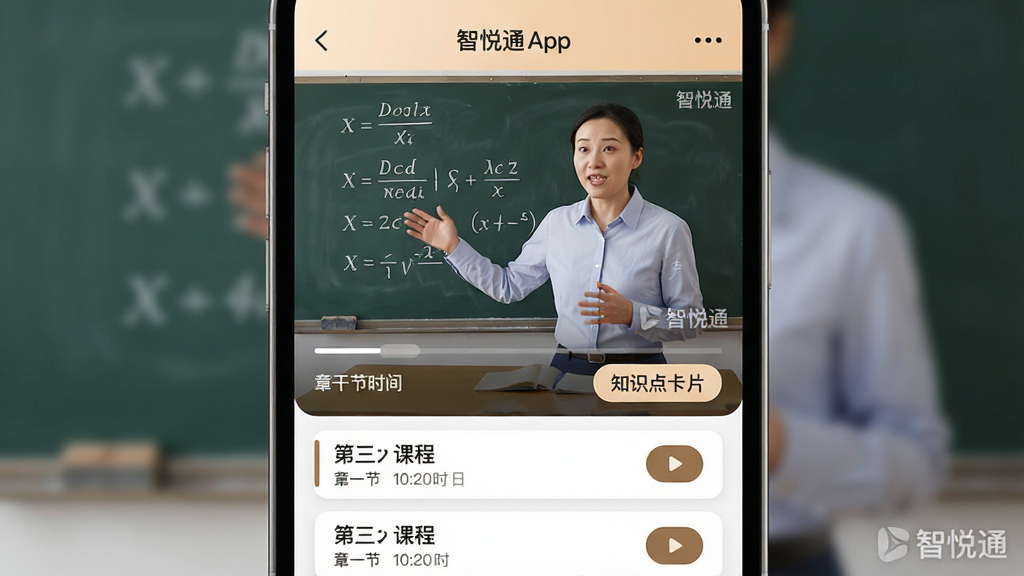 ���壺����ͨApp��ͬ���γ̲���ҳ�棬��Ļ����ʾһλ��ʦ�ڽ�����ѧ��ʽ�������·��н������͡�֪ʶ�㿨Ƭ����ť�����֣��ֻ�����չʾ���γ���Ƶռ����Ļ�Ϸ�����֮�����·��ǿγ�Ŀ¼�б����Ű棺������ÿ�Ƭʽ���֣�����չʾ�γ̱��⡢�½�ʱ���Ͳ��Ű�ť�������ʵ��ѧ�������ִ�UI��ϣ�ɫ����ܰ��Ȼ��ϸ�ڣ���Ƶ��������ʦ�����������ڰ���д����ѧ��ʽ����Ļ��Ե�С�����ͨ��ˮӡ�����ʣ�����ϸ�壬�ɾ����޶���Ԫ�ء�