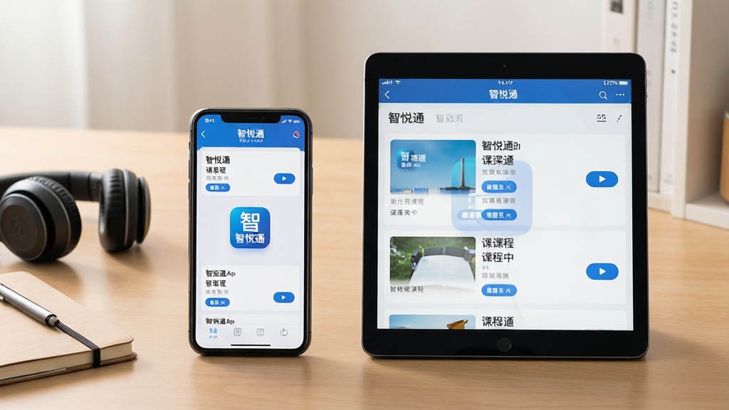 ���壺һ�������ֻ���һ̨ƽ����Բ��Űڷţ���Ļ�Ͼ���ʾ����ͨApp�Ŀγ��б�ҳ�棬�Ա��ж����ͱʼǱ������֣��豸���аڷţ��ֻ�����ƽ�����ң��γɶԱȡ��Ű棺������������չʾ������ͨ���γ����ƺͲ��Ű�ť��������������������ͣ�����Ϊ������ϸ�ڣ���Ļ�����пɼ�������ͨ��ͼ�꣬����ɾ����ࡣ���ʣ����廭�ʣ��ɾ����޶���Ԫ�ء�