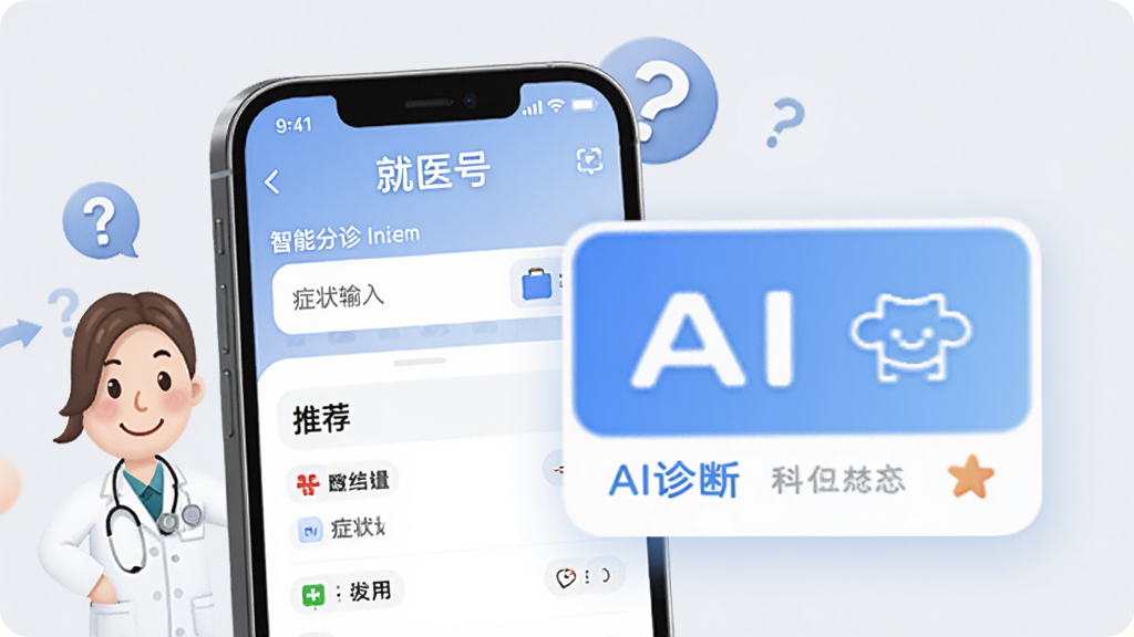 展示“就医号”APP的智能分诊功能界面,手机屏幕中显示症状输入框和推荐的科室结果,背景为干净的浅灰色,配有卡通医生形象和问号图标,整体风格温馨友好,画面主体为手机,辅以放大的AI诊断卡片,画质清晰,无多余元素。