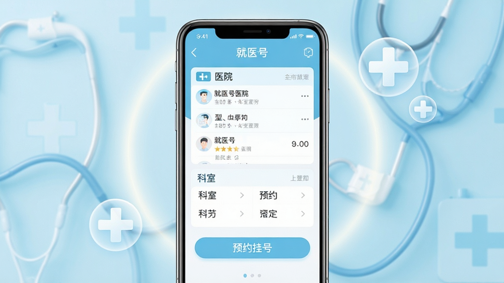 一张智能手机屏幕展示“就医号”APP主界面,界面清晰显示医院列表、科室分类、预约挂号按钮,背景为浅蓝色医疗风格,整体布局简洁明亮,手机位于画面中央,周围有柔和的光晕和医疗十字图标点缀,画质干净,无多余元素,图片文字需显示“就医号”字样。