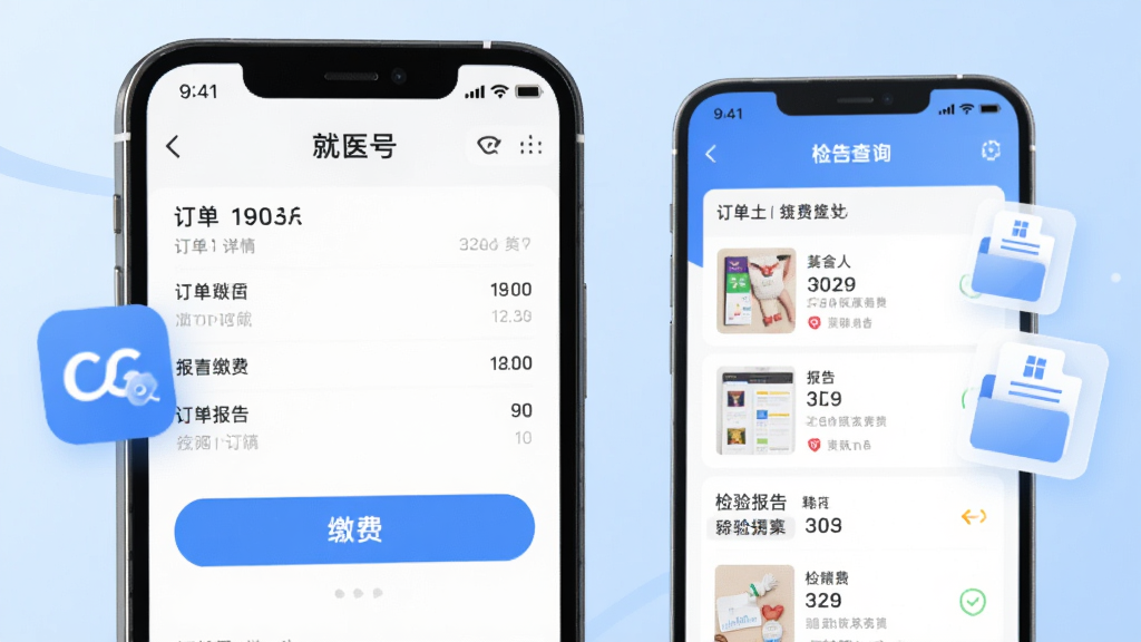 展示“就医号”APP的线上缴费和报告查询界面,手机屏幕显示订单详情、缴费按钮和检验报告列表,背景为浅蓝色渐变,辅以悬浮的支付图标和报告文件图标,整体风格现代简洁,突出便捷性,画质干净,无多余元素。