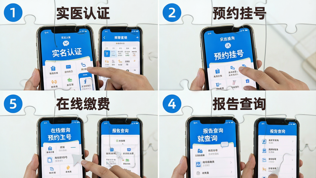 一张展示“就医号”APP使用教程的拼图,由四个小图组成,分别演示实名认证、预约挂号、在线缴费和报告查询步骤,每个小图上方有蓝色数字编号,整体风格为教学式排版,背景浅白色,画质干净清晰,无多余元素。
