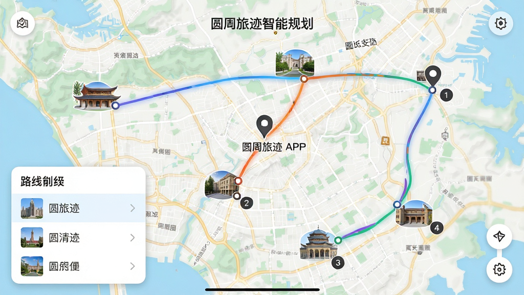 ���壺Բ���ü�APP��·�߹滮���ܽ��棬��ͼ���ò�ɫ�������Ӷ�����㡣���֣���ͼռ��ȫ�������½���·���б���Ƭ���Ű棺�����������Ϣ�㼶���������дʵ��UI��ϣ��߱��档ϸ�ڣ���ͼ�ϱ��С�Բ���ü����ܹ滮��������ÿ�������б�š����ʣ������壬�ɾ����޶���Ԫ�ء�