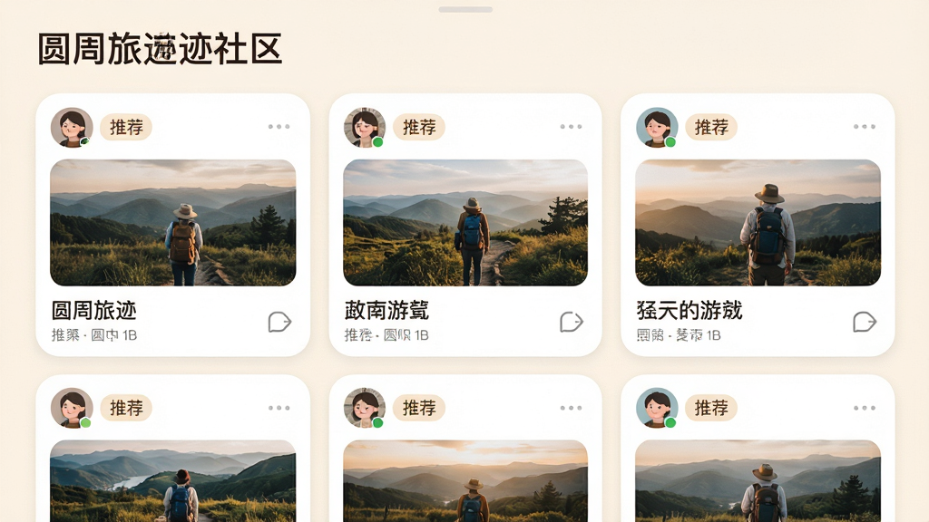 ���壺Բ���ü�APP���������棬չʾ�û�������ͼ���μǿ�Ƭ�����֣��ٲ���ʽ���п�Ƭ��ÿ����Ƭ��ͼƬ�ͱ��⡣�Ű棺��ƬԲ�ǣ������ȡ������ܰ�����Ӱ���ϸ�ڣ���Ƭ����ʾ�û�ͷ��͡��Ƽ�����ǩ�����涥���С�Բ���ü����������������ʣ����壬�ɾ����޶���Ԫ�ء�