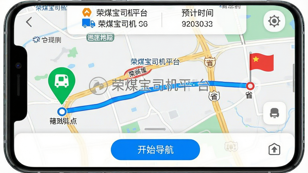 ���壺�ֻ���ͼ��������չʾһ������㵽�յ������·�߹켣�������С���ú��˾��ƽ̨����ˮӡ�����֣���ͼռ�ݻ���󲿷֣��������ɫ��־���յ��к�ɫ���ģ��м�����ɫ�켣�ߡ��Ű棺��ͼ�Ϸ���ʾ������Ϣ��Ԥ��ʱ�䣬�·��С���ʼ��������ť����񣺸ߵµ�ͼ��������׶���ϸ�ڣ���ͼ����ʾ����ú��˾��ƽ̨����ʶ��·�߾���������ʡ�������ʸɾ����޶���Ԫ�ء�