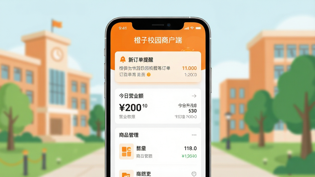 ���壺����У԰�̻���APP����չʾ���ֻ���Ļ��������ʾ������У԰�̻��ˡ������������������档���֣��ֻ����У���Ļ���ݿɱ��ϣ���Χ�м���У԰���������ѧ¥���������Ű棺�ֻ�ռ�Ӿ����ģ������黯������ִ���ƽ����ɫ�����������Գ�ɫΪ������ϸ�ڣ���Ļ����ʾ���¶������ѡ���������Ӫҵ�������Ʒ�����������ֱ�ǩ�����ʸ��壬�ɾ����޶���Ԫ�ء�