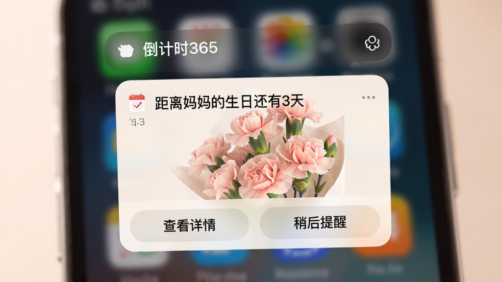 չʾ������ʱ365��������֪ͨ���棬�ֻ�֪ͨ����������ʾһ����Ƭʽ���ѣ�����Ϊ��������������ջ���3�족������һ������ܰ��ǳɫ��ͼ�������С��鿴���顱�롰�Ժ����ѡ�������ť��������ģ���Ĵ��������ֻ���Ļ������ɾ��������ܰ��ͻ���������Ի������ѹ��ܣ��������������