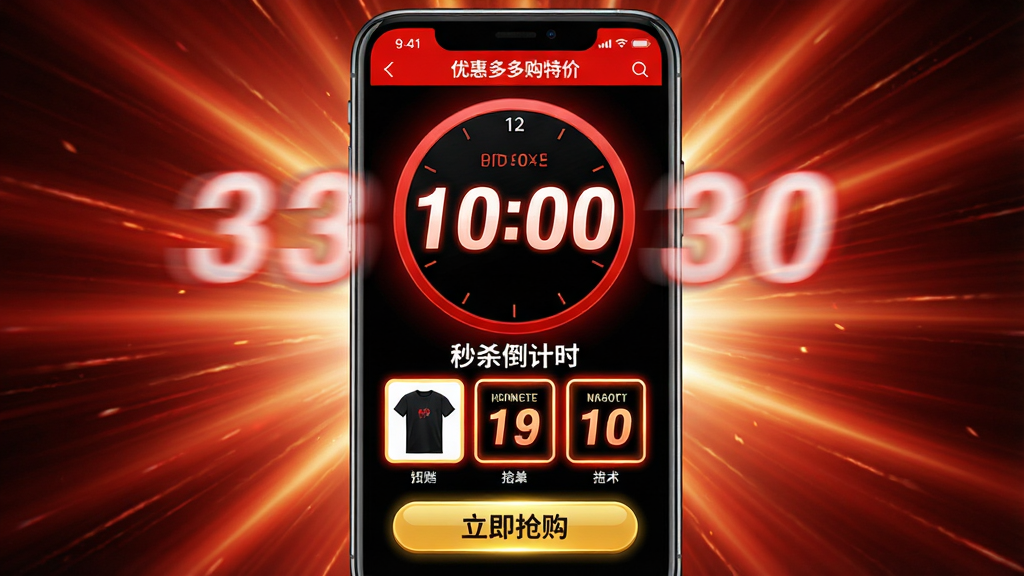 ���壺�ֻ���д����Ļ��ʾ�Żݶ�๺�ؼ�APP����ɱ����ʱҳ�棬ҳ������һ���޴��Բ�ε���ʱʱ�ӣ��·�����ƷͼƬ�͡�������������ť�����֣��ֻ����У�����Ϊ����״��â��Ӫ�����������Χ���Ű棺UIԪ�ؾ��жԳƣ�����ʱ���־޴���Ŀ����񣺶����ſ��񣬺����ɫ��ͻ���ٶ��뼤�顣ϸ�ڣ�����ʱ���ֳ��ֶ�̬ģ��Ч������ƷͼƬ���з����Ե����������������ťΪ���ɫ�����ʣ���̬��ǿ�����壬�޶���Ԫ�ء�