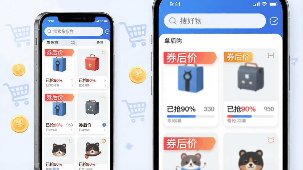 ���壺�ֻ�����չʾ�Żݶ�๺�ؼ�APP�ľۺ�ҳ�棬ҳ�涥�������������������ٲ�����ʽ�����Ÿ�����Ʒ��Ƭ��ÿ�ſ�Ƭ�϶�����Ŀ�ġ�ȯ��ۡ���ǩ�����֣����Ϊ�ֻ�����ͼ���Ҳ�Ŵ���ʾAPP����ϸ�ڣ������е����Ĺ��ﳵͼ��ͽ��Ԫ�ء��Ű棺���沼����������Ʒ��Ƭ��Сͳһ����ǩ��ɫ���ޡ���񣺱�ƽ�������΢���������ˬ��������Ϊ��ɫ��ǿ�������С�ϸ�ڣ���Ʒ��Ƭ����ʾ������90%���������������������С��Ѻ������������UI���¡����ʣ�������Ⱦ����η������޶���Ԫ�ء�