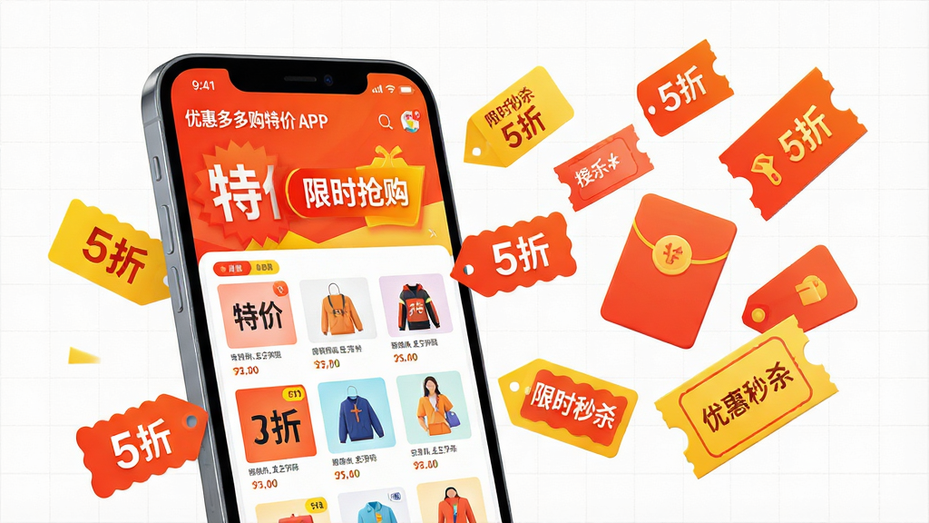 ���壺�Żݶ�๺�ؼ�APP�������Ӿ�������������һ�����������ֻ�����Ļ��չʾ��ɫ�����޵Ĺ�����棬�������С��ؼۡ�����ʱ��������������ƷͼƬ������Ŀ�����֣��ֻ�λ�ڻ�������ƫ���Ҳ�Ư���Ŷ���ۿ۱�ǩ��������Ż�ȯԪ�أ��γɻ��ƸС��Ű棺�ֻ���Ļ���������ɱ棬��ΧԪ�ش������£����ܵõ�������������õı�ƽ�������ɫ��Ϊ����ĳȺ�ɫ������ɫ��Ӫ�������Χ��ϸ�ڣ��ֻ���Ļ�ϵ���ƷͼƬ�������ۿ۱�ǩ��д�С�5�ۡ�����ʱ��ɱ���������������е�������������������ɾ����ࡣ���ʣ�������8K��Ⱦ������������ɫ�ʱ������޶���Ԫ�ء�