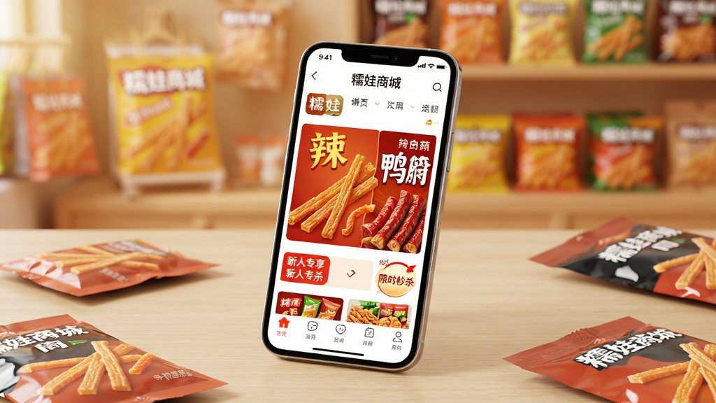画面主体为一部亮屏的智能手机,屏幕上清晰显示“糯娃商城”APP主页,页面中有诱人的辣条、鸭脖等零食大图,以及“新人专享”、“限时秒杀”等红色标签。手机斜放在简约木桌上,背景为虚化的暖色购物场景。布局采用手机居中构图,周围散落几包独立包装的辣味零食。排版突出APP界面,文字“糯娃商城”在屏幕顶部。风格为写实商业产品图,画面干净通透,高清画质,无多余元素。