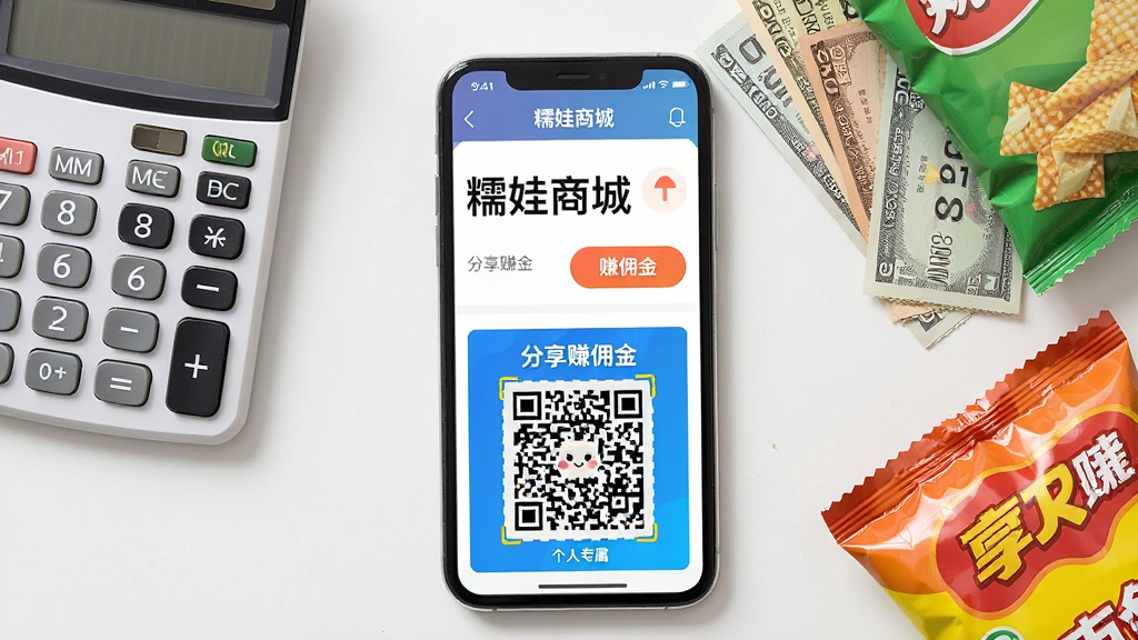 画面主体为手机屏幕展示“糯娃商城”分享赚钱界面,右侧有“赚佣金”按钮,下方是个人专属二维码海报。手机旁边放着计算器、现金和几包零食。布局为桌面俯视图,手机屏幕内容清晰,文字“糯娃商城”,“分享赚佣金”突出。风格为现代互联网商业风格,色调明亮,画面干净,高清画质,无多余元素。