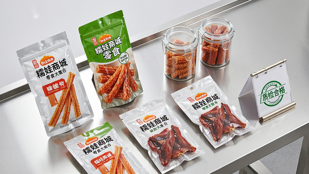 画面主体为“糯娃商城”品牌零食大集合,包括透明包装的辣条、密封罐装的脆骨肠、袋装鸭脖等。它们整齐排列在干净的不锈钢操作台上,旁边放有“质检合格”标牌。布局采用俯拍45度角,食品标签朝上,标签上可见“糯娃商城”字样。排版疏密有致,突出食品包装的质感。风格为商业美食摄影,明亮洁净,细节锐利,画质高清,无多余元素。