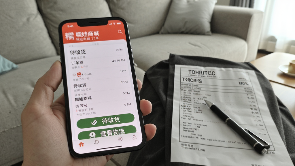 画面主体为一部手机横屏显示“糯娃商城”订单列表,旁边有一张物流单和一支笔。手机屏幕特写,显示“待收货”和“查看物流”按钮。布局为手持手机场景,背景为客厅沙发。排版突出订单列表文字,清晰可见。风格为写实生活照,自然光线,画质干净,无多余元素。