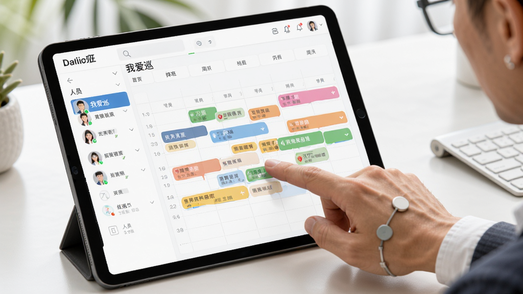 图片展示“我爱巡”软件后台的排班日历界面,左侧为人员列表,右侧为彩色任务条块,一名主管手指点击屏幕分配任务。布局为平板电脑与桌面场景,排版清晰展示周视图。风格为扁平化管理软件界面风格,细节突出任务标签与人员头像,画质干净明亮,无多余元素。