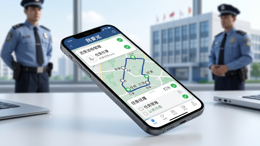 画面主体为一部正在运行“我爱巡”巡检管理软件的智能手机,屏幕清晰显示巡检路线地图与任务打卡点,手机斜置于整洁的办公桌面上,背景有模糊的安保人员与楼宇轮廓。布局采用手机居中、桌面延伸的构图,排版干净利落。风格为现代科技感写实渲染,细节包含屏幕上的任务列表与绿色完成对勾,整体画质细腻明亮,无多余元素。