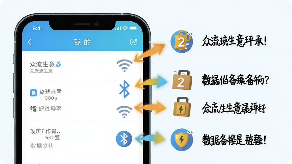 ���壺�ֻ�չʾ��������ʹ�ý̳̲���ͼ���Ա������ֱ�ע�����֣��ֻ���Ļ�Ŵ���ʾ���ҵġ�����ҳ�棬�Ҳ���С��ͷָ��������ܵ㡣�Ű棺ͼ�Ĳ�ï����������Ŀ����񣺽��������Ϣͼ��ǳɫ������ϸ�ڣ�ͼ�а������������⡱���ƣ�������Wi-Fi�����������ݱ��ݵ�ͼ�ꡣ���ʣ�����ʸ��ͼ��������Ԫ�ء�