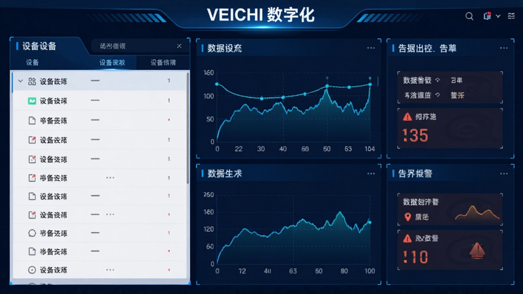 ��Ļ��չʾ��VEICHI���ֻ��������棬���Ϊ�豸�б����Ҳ�Ϊ����������澯��壬�����������ɫ�Ƽ�������ִ������֣�����������ϸ�ڷḻ�������������ɾ��޶���Ԫ��