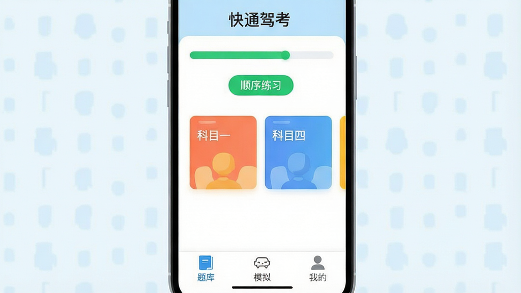 һ���ִ���ƽ�������ֻ�Ӧ��Ԥ��ͼ����Ļ������ʾ����ͨ�ݿ��������棬�Ϸ�Ϊ��ɫ�������롰˳����ϰ����ť���в��г���Ŀһ����Ŀ��������ɫ��Ƭ���ײ��������С���⡱��ģ�⡱���ҵġ�����ͼ�꣬���岼�ָɾ����࣬����ǳ�����ɫ�����������������޶���Ԫ��