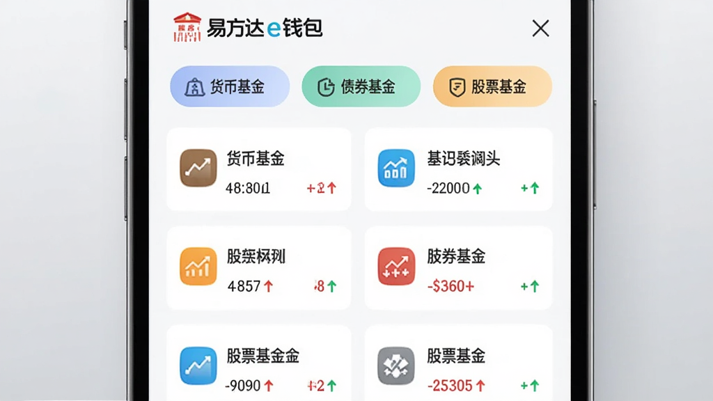ͼƬ����Ϊ�׷���eǮ��APP�Ĳ�Ʒ�б����棬��Ļչʾ���һ���ծȯ���𡢹�Ʊ����ȶ�������ǩ���·��ÿ�Ƭ��ʽչʾ���������ƺ������ʣ�����Ϊǳ�ҽ��䣬���ֲ����б�ʽ���У����Ϊ����ִ�UI���ϸ�ڰ�������ͼ��ɫ�����ֺ������ʺ��̼�ͷ�����ʸɾ��޶���Ԫ��