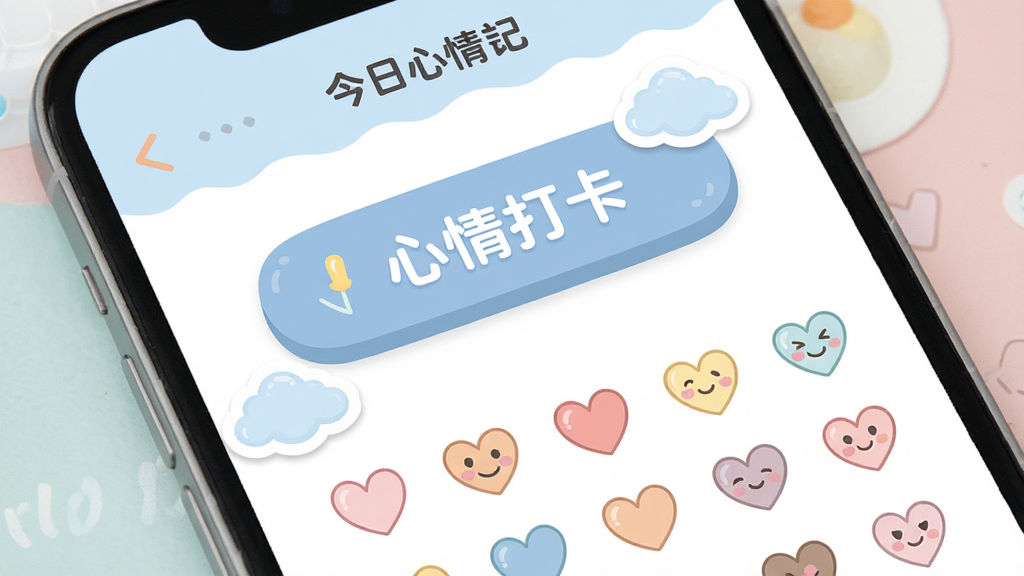 ͼƬչʾMood����Ӧ�õĺ��Ľ��棬����Ϊһ�������ֻ���Ļ��д����Ļ��������ʾMood���˵Ľ��������¼ҳ�棬���ְ������������ڵ�����������ġ�����򿨡���ť�Լ��·�������ͼ�������������������Ű������죬���Ϊ���²廭�磬ɫ������͵�������ɫϵΪ��������Բ�����壬ϸ�ڴ��ɼ�����ͼ����ƶ���ֽ�������������ɾ��޶���Ԫ�ء�