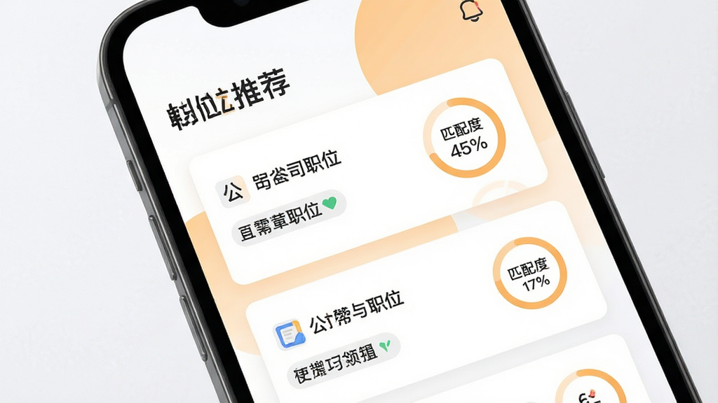 �ֻ�App����չʾ��ְλ�Ƽ���ģ�飬ҳ���м��ж���ְλ��Ƭ����Ƭ����ʾ��˾������ְλ���ƣ����Ͻ��С�ƥ��ȡ��ٷֱ�Բ��ͼ�꣬����Ϊ���İ�ɫ��ǳ��ɫ��䣬��������������������ϸ�壬�޶���Ԫ��