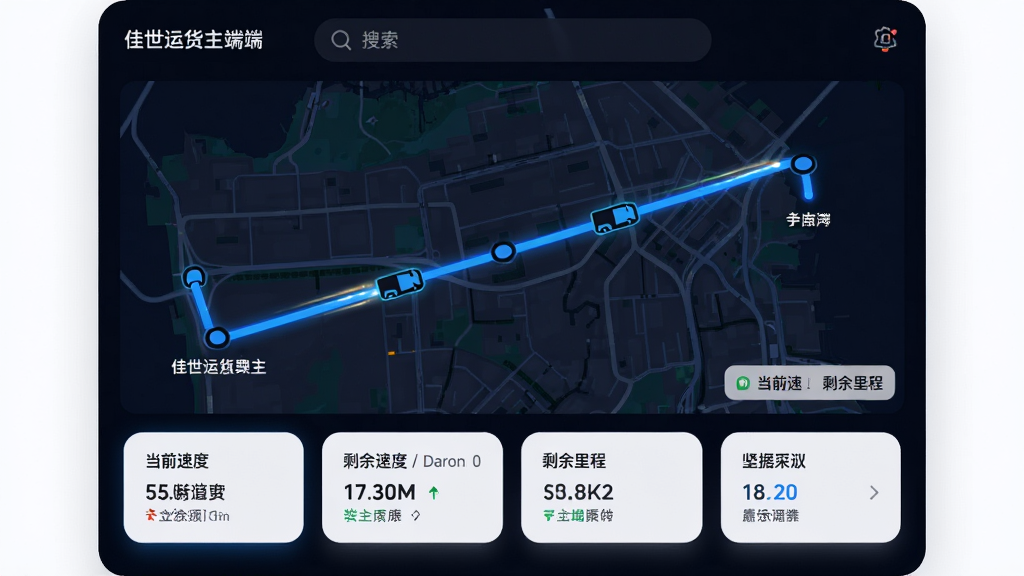 ���壺�����˻����˹켣׷��ҳ�棬��ͼ����ʾһ������㵽�յ����ɫ·�ߣ���;�г���ͼ���ƶ����·���ʾ��ǰ�ٶ���ʣ����̣����֣���ͼռ����Ļ�󲿷֣����������������ײ������ݿ�Ƭ���Ű棺��Ϣ��η�������ͼͼ����������񣺿Ƽ�����ƣ���ɫ��������ɫ������ϸ�ڣ�����ͼ�����β��Ч����Ƭ��Բ����Ӱ�����ʣ����廭�ʣ��ɾ����޶���Ԫ��