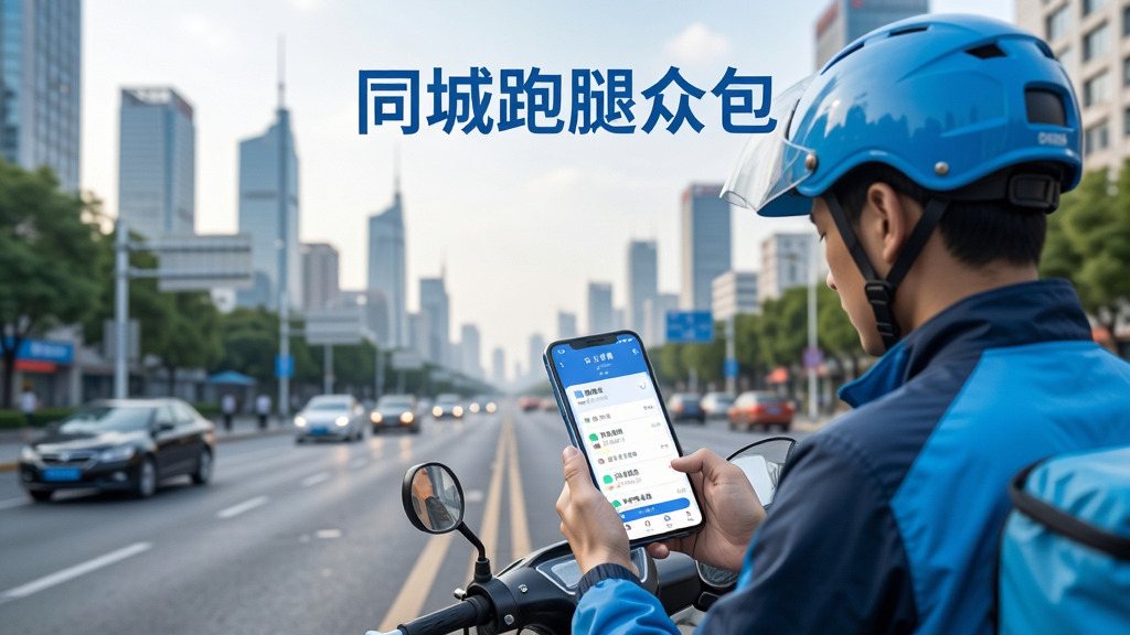 同城跑腿众包APP开屏主界面,背景为城市街道远景,前景是正在查看手机的骑手,手机屏幕显示订单列表,界面简洁,蓝色主题色调,文字“同城跑腿众包”置于顶部中央,画面干净明亮,高分辨率,无多余元素