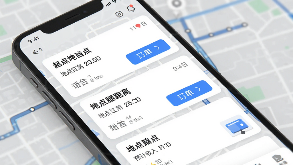 同城跑腿众包APP订单推送界面,手机屏幕展示多个订单卡片,地图背景显示配送路线,卡片上有起点终点距离和预计收入,蓝色按钮“抢单”,界面清晰直观,现代扁平化设计风格,高画质,无多余元素