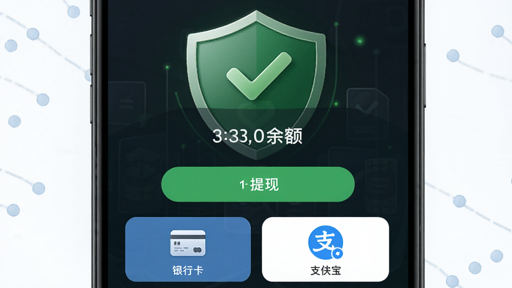 同城跑腿众包APP钱包提现界面,显示余额数字和提现按钮,下方有银行卡和支付宝选项图标,背景为绿色对勾盾牌安全标识,界面简洁商务风格,高画质,无多余元素