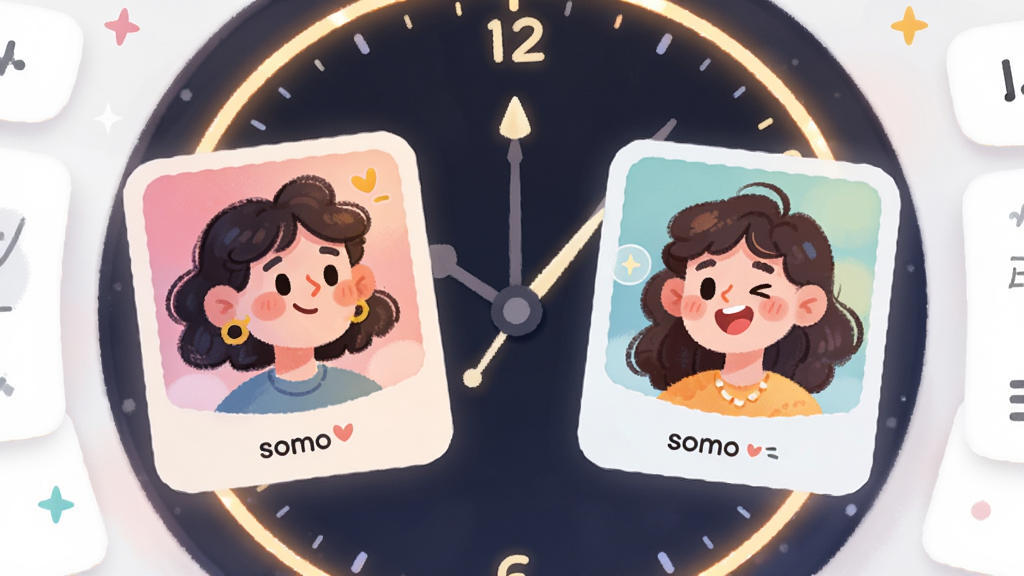 插画风格展示“somo 有时”的匹配功能界面,主体为两个风格化的用户头像卡片在时钟表盘上相遇,布局以表盘为中心向两侧延展,排版错落有致,风格清新活泼,细节描绘头像上的表情与表盘边缘的发光效果,画质柔和且干净,无多余元素,画面中不出现文字
