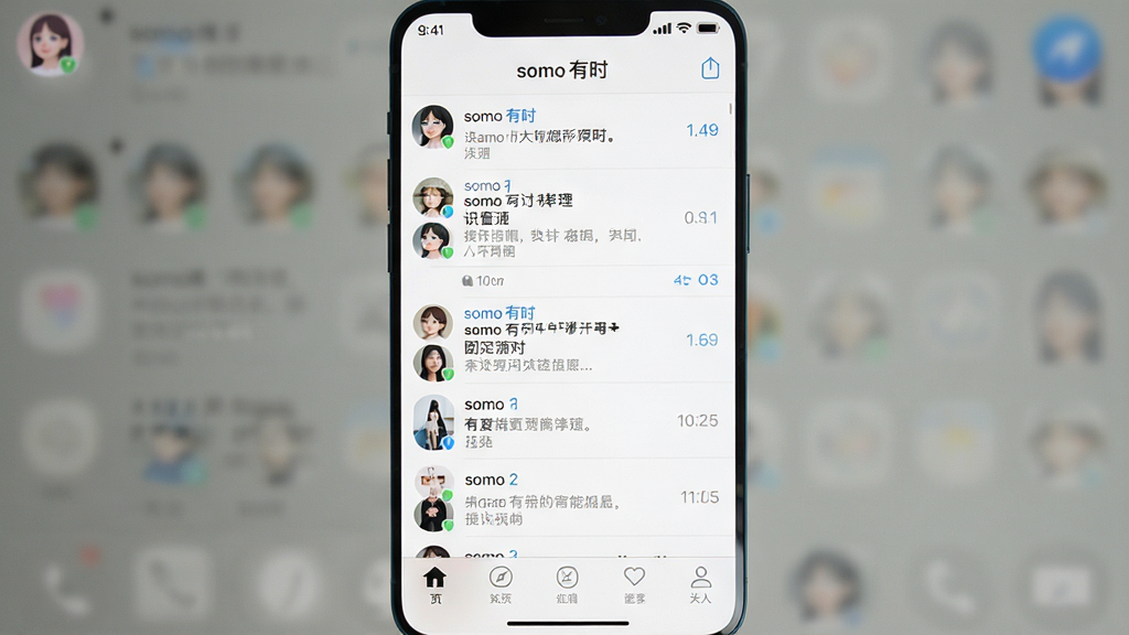 制作一张现代手机桌面截图,主体为“somo 有时”的聊天列表页,布局采用标准的列表排列,每个条目有圆形头像与预览文字,排版清晰规整,风格为写实的移动界面截屏风格,细节上突出顶部状态栏的“somo 有时”字样与底部导航图标,画质高清明亮,干净无多余元素,界面文字可辨识