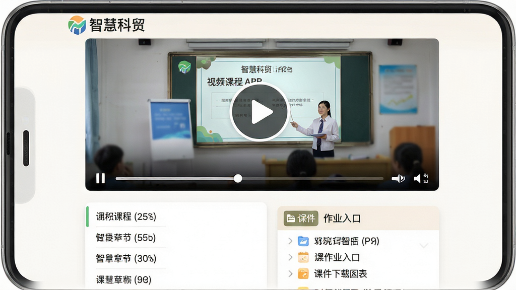 ���壺�ǻۿ�óAPP����ѧϰ���棬չʾ��Ƶ�γ̲���ҳ����μ������б������֣��Ϸ�Ϊ��Ƶ���Ŵ��ڣ��·�Ϊ�γ��½��б�����ҵ��ڡ��Ű棺�����б���ʽ�����Ű�ť��Ŀ����񣺽���ѧϰ���ɫ���ºͻ��ۡ�ϸ�ڣ���Ļ�ڿɼ����ǻۿ�ó��Ʒ�Ʊ�ʶ����Ƶ����Ϊ��ѧ�μ�ʾ�������Ž���������������Ϊ��ɫ�����ʣ����壬�ɾ����޶���Ԫ�ء�