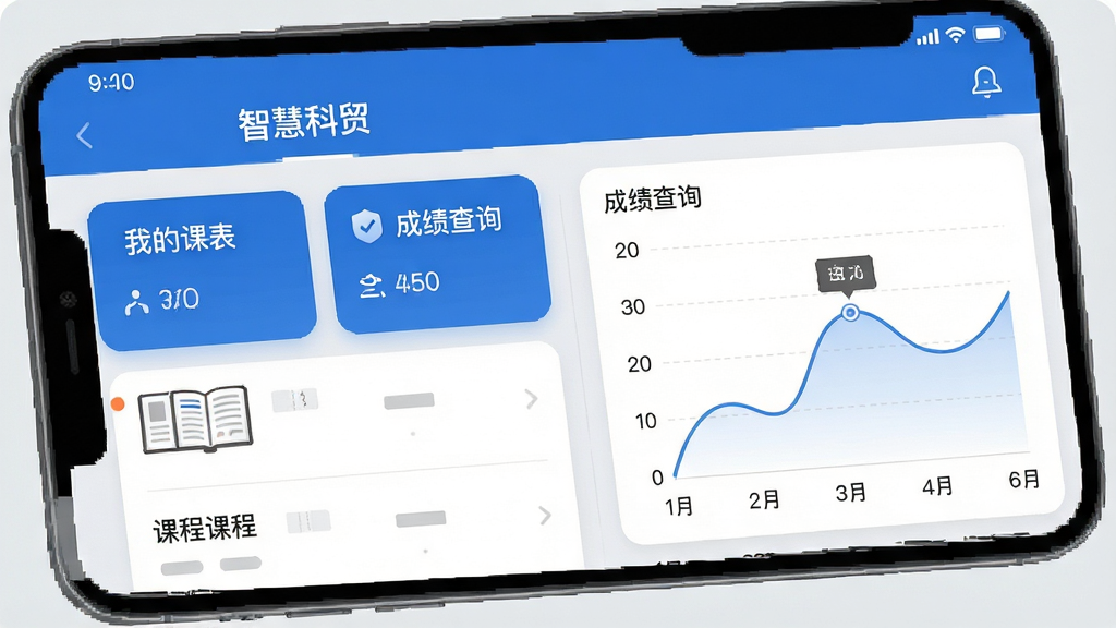 ���壺�ǻۿ�óAPP�Ľ��������棬��ʾ���ҵĿα��������ɼ���ѯ���ȿ�Ƭ��ڡ����֣���Ļ���Ϊ�γ��б����Ҳ�Ϊ�ɼ�����ͼ���Ű棺��Ƭʽ���֣�Բ����ƣ���Ϣ������ȷ����񣺼��������������ɫ��ɫ����ϸ�ڣ��ֻ�����״̬����ʾʱ�䣬��Ļ��������ע���ǻۿ�ó�����ƣ��γ���ɼ�������ģ����ʽ���֣�����Ϊǳ��ɫ�����ʣ����壬�ɾ����޶���Ԫ�ء�