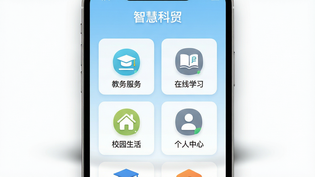 ���壺�ǻۿ�óAPP�����ͼ��չʾ�ǻ�У԰�����ܲ˵���������������񡱡�������ѧϰ������У԰��������������ġ���ģ��ͼ�ꡣ���֣�����չʾ�ֻ����棬�������ף��·����������Ӱ���Ű棺��ƽ����ƣ�ͼ���������룬ɫ���������졣����ִ��Ƽ�����У԰�ഺ���ںϡ�ϸ�ڣ��ֻ���Ļ��������ʾ���ǻۿ�ó���������������ͼ�꣬����Ϊǳ��ɫ���䣬�ɾ����ࡣ���ʣ����壬�ɾ����޶���Ԫ�ء�