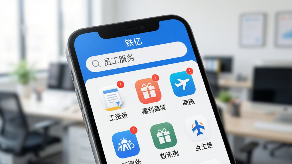 �ֻ���Ļ��д��ʾ�����ڡ�App�������棬����Ϊģ���İ칫�һ��������涥��������д�š�Ա�����񡱣��·������š������������������̳ǡ��������á���ͼ�ꡣ����Ϊ�ֻ�����΢΢��б�����Ϊдʵ��Ӱ��������ͣ�ɫ��������ϸ��չʾÿ��ͼ���С������ѣ����ʸɾ��߽������޶���Ԫ�ء�