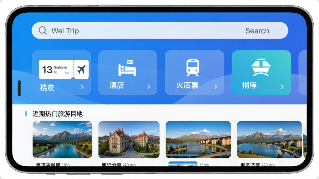 Wei TripӦ�������棬���������ɫ���䱳����������ʾ���������м������ÿ�Ƭʽ����չʾ��Ʊ���Ƶꡢ��Ʊ����Ҫ������ڣ��·��ǽ�����������Ŀ�ĵصľ���ͼƬ�Ƽ��б�����������ִ���Լ��ɫ�����죬���ʸ��壬�ɾ��޶���Ԫ��