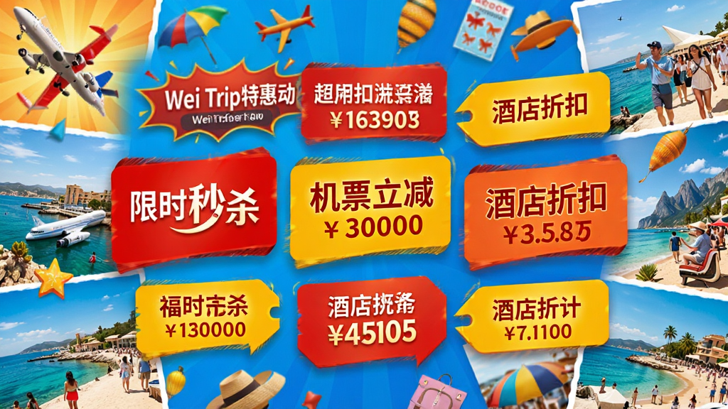 Wei Trip�ػݻҳ�棬��Ļ��չʾ�Ŷ����ɫ�ͻ�ɫ���Żݱ�ǩ������ʱ��ɱ����Ʊ�������Ƶ��ۿ۵ȣ������ǳ��������Ĵ���Ԫ�غ�����ͼƬƴ����ɫ�����ޣ��Ӿ������ǿ�����ʸ��壬�ɾ��޶���Ԫ��