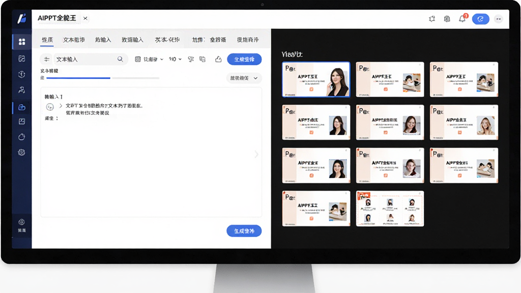 ��������Ϊ������ʾ����AIPPTȫ�����Ĳ������棬���Ϊ�ı�������Ҳ�ʵʱ���ɶ�ҳPPT����ͼ������������ҷ������֣������й��ܱ�ǩ�������Ϊ�ִ�UI��ƣ�ϸ�ڰ��������������ɰ�ť�������������ɾ����޶���Ԫ��