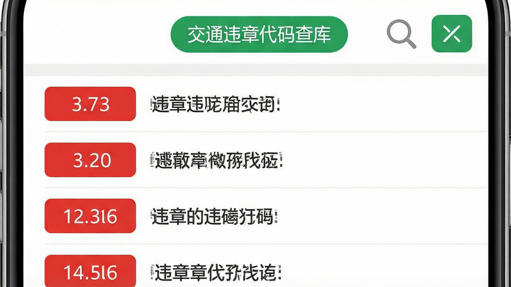 一张手机应用截图风格图片,屏幕中展示“交规违章代码查询”的代码列表页面,顶部显示“交通违章代码库”分类标签,下方以列表形式排列代码,每条代码左侧为红色数字编号,右侧为违章行为简述,背景为纯白色,界面风格扁平化,配以绿色和灰色点缀,画面中可看到放大镜图标和筛选按钮,整体干净整齐,文字清晰,突出“交规违章代码查询”品牌,画质高清,无多余元素