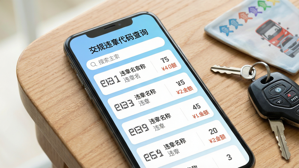 一张展示智能手机屏幕的图片,屏幕中显示“交规违章代码查询”APP主界面,顶部有搜索框,下方列出多条违章代码卡片,每条卡片上显示代码数字、违章名称和处罚金额,整体界面简洁清晰,背景为浅蓝色渐变,手机放置在木质桌面上,旁边放有车钥匙和驾驶证,画面明亮干净,符合工具类应用预览风格,文字内容突出“交规违章代码查询”字样,画质清晰,无多余元素