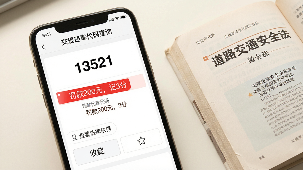 一张手机应用截图风格图片,屏幕中展示“交规违章代码查询”的查询结果详情页,上方显示违章代码“13521”,中间部分用红色标注“罚款200元,记3分”等处罚信息,下方有“查看法律依据”和“收藏”两个按钮,手机屏幕背景为白色,界面简洁,右侧放着一本打开的《道路交通安全法》书籍作为装饰,整体光影柔和,突出实用性,文字内容包含“交规违章代码查询”标识,画质高清,无多余元素