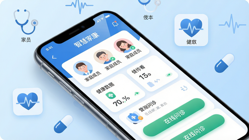 ���壺�ǻۼҿ�APP����չʾ����������Ϊ�ֻ���Ļ����Ļ��������ʾ���ǻۼҿ��������棬������ͥ��Աͷ�񡢽������ݿ��塢�������ﰴť�����֣��ֻ���45�Ƚ���б���ã�����Ϊǳ��ɫ���䣬���ܻ��Ƽ���ҽ��ͼ�꣬�����������ĵ�ͼ�Ρ�ҩ�衣�Ű棺����Ԫ���������룬���ݿ�Ƭ����Բ����ƣ�����ͼ���·��������ı�ǩ������ִ���ƽ���廭���ɫ���������ס���ɫΪ�����ɾ����¡�ϸ�ڣ�ע��߹�����Ӱ���ֻ���Ļ������Ȼ����Ե��͡����ʣ�4K���壬�ɾ����޶���Ԫ�ء�