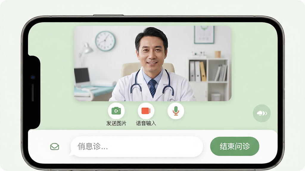 ���壺�ǻۼҿ�APP����������棬�ֻ���Ļ��ʾ��Ƶͨ�����ڣ�һλҽ�������û��Ի����·��С�����ͼƬ�������������롱ͼ�ꡣ���֣�ͨ������ռ����Ļ�Ϸ����·�Ϊ��Ϣ���������Ҳ��С����������ť���Ű棺���水ťԲ�󣬹���ͼ���������Ի����ݲ���Բ����ơ������ܰ��ҽ�Ʒ��ǳ��ɫ���ɫ���䡣ϸ�ڣ�ҽ�������Ű״�ӣ�����Ϊ���ҳ������û������ࡣ���ʣ����壬�ɾ����޶���Ԫ�ء�