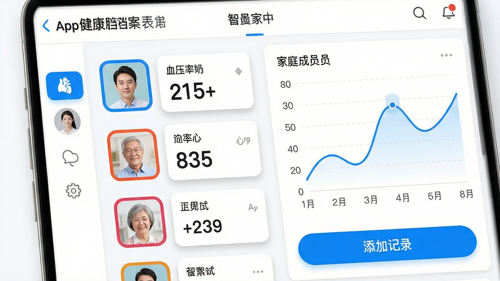 ���壺�ǻۼҿ�APP�����������棬��Ļ��չʾ��ͥ��Ա�б���ÿ����Աͷ������Ѫѹ�����ʵ�ָ�꿨Ƭ�����֣����Ϊ��Ա�л������Ҳ�Ϊ����������ͼ��������ͼ���֣��ײ��С����Ӽ�¼����ť���Ű棺��Ϣ�㼶�����������ô������ͻ����ʾ��ͼ���������������ҽ�Ƽ���Լ��ƣ���ɫ����������ɫ����������ϸ�ڣ�ͷ���в�ͬ��ɫ�߿����ֳ�Ա�����ݿ�Ƭ��΢����Ӱ�����ʣ����壬�ɾ����޶���Ԫ�ء�