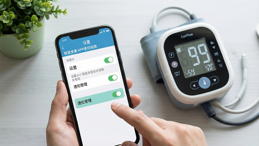 ���壺�ǻۼҿ�APPʹ��ָ�ϳ������ֻ���Ļ��ʾ�����á����棬�·��С�֪ͨ������ѡ��Ա߷�������Ѫѹ�ơ����֣��ֻ����豸���ţ�����Ϊǳ��ɫ���棬����ɫֲ���׺���Ű棺�ֻ���Ļ���������ɼ�������ѡ���п��ذ�ť�����ʵ�ý̷̳��������Ȼ�⡣ϸ�ڣ���ָ�����Ļ�Ķ�����Ѫѹ����Ļ��ʾ���֡����ʣ����壬�ɾ����޶���Ԫ�ء�
