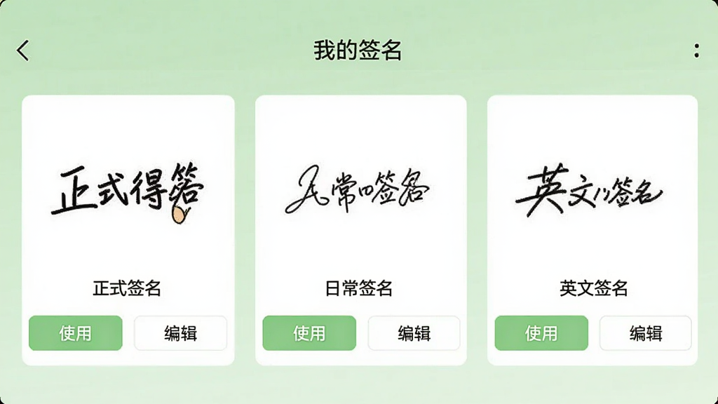 һ���ֻ�APP����ͼ����Ļ����ʾ�ֵ�ǩ�ġ��ҵ�ǩ����ҳ�棬��������������ǩ����ʽ���ֱ�����Ϊ����ʽǩ�������ճ�ǩ������Ӣ��ǩ������ÿ��ǩ���·����С�ʹ�á��͡��༭����ť��ҳ�汳��Ϊ����ɫ�����������£������������޶���Ԫ��
