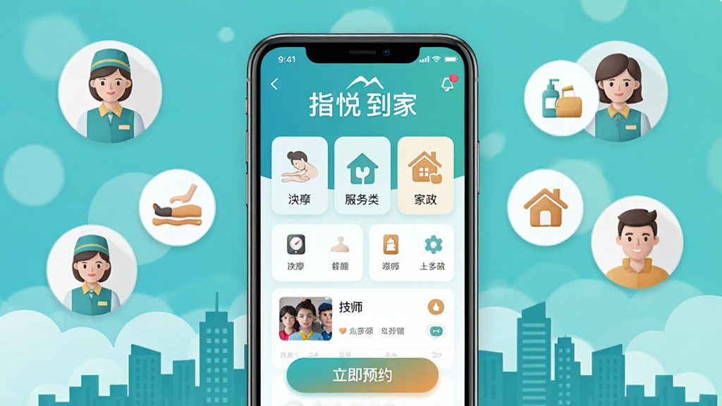 ���壺ָ�õ���APP�������ͼ�����֣��ֻ���Ļ���У���Χ���Ʒ�����Ա���û�ͼ�꣬�����·��г��н�����Ӱ���Ű棺���й�ͼ���ֻ���Ļ��չʾ��ָ�õ��ҡ�Ӧ�������棬������������뼼ʦ�б�������ִ���ƽ�����������ɫ�����죬������ɫΪ��ɫ��������ůɫ��׺��ϸ�ڣ��ֻ���Ļ��ʾ��ָ�õ��ҡ�logo�롰����ԤԼ����ť����Χ�д�����Ħ��������ͼ�ꡣ���ʣ����壬�ɾ����޶���Ԫ�ء�