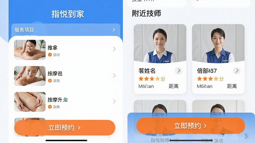 ���壺ָ�õ���APP��ԤԼ���̽��档���֣����Ϊ������Ŀ�б������á���Ħ�ȣ����Ҳ�Ϊ������ʦ��Ƭ���ײ�Ϊ������ԤԼ����ť���Ű棺���ҷ�������Ϣ�㼶�����������������磬������ɫ��ϸ�ڣ���ʦ��Ƭչʾ���������֡����룬��ťʹ�ó�ɫ���������ʣ��ɾ����޶���Ԫ�ء�