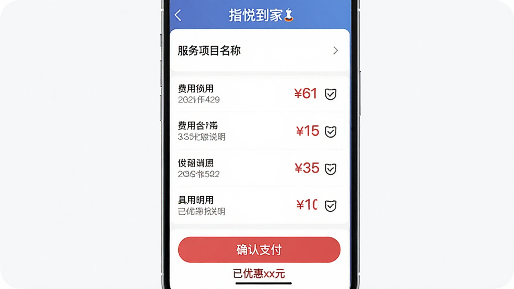 ���壺ָ�õ���APP�۸���ϸҳ�档���֣�ҳ�涥��Ϊ������Ŀ���ƣ��в�Ϊ������ϸ�б����ײ�Ϊ��ȷ��֧������ť���Ű棺�б�ʽ���֣��۸��ú�ɫ����ͻ������񣺼������硣ϸ�ڣ�����������˵��ͼ�꣬�ײ���ʾ�����Ż�xxԪ�����������ʣ��ɾ����޶���Ԫ�ء�